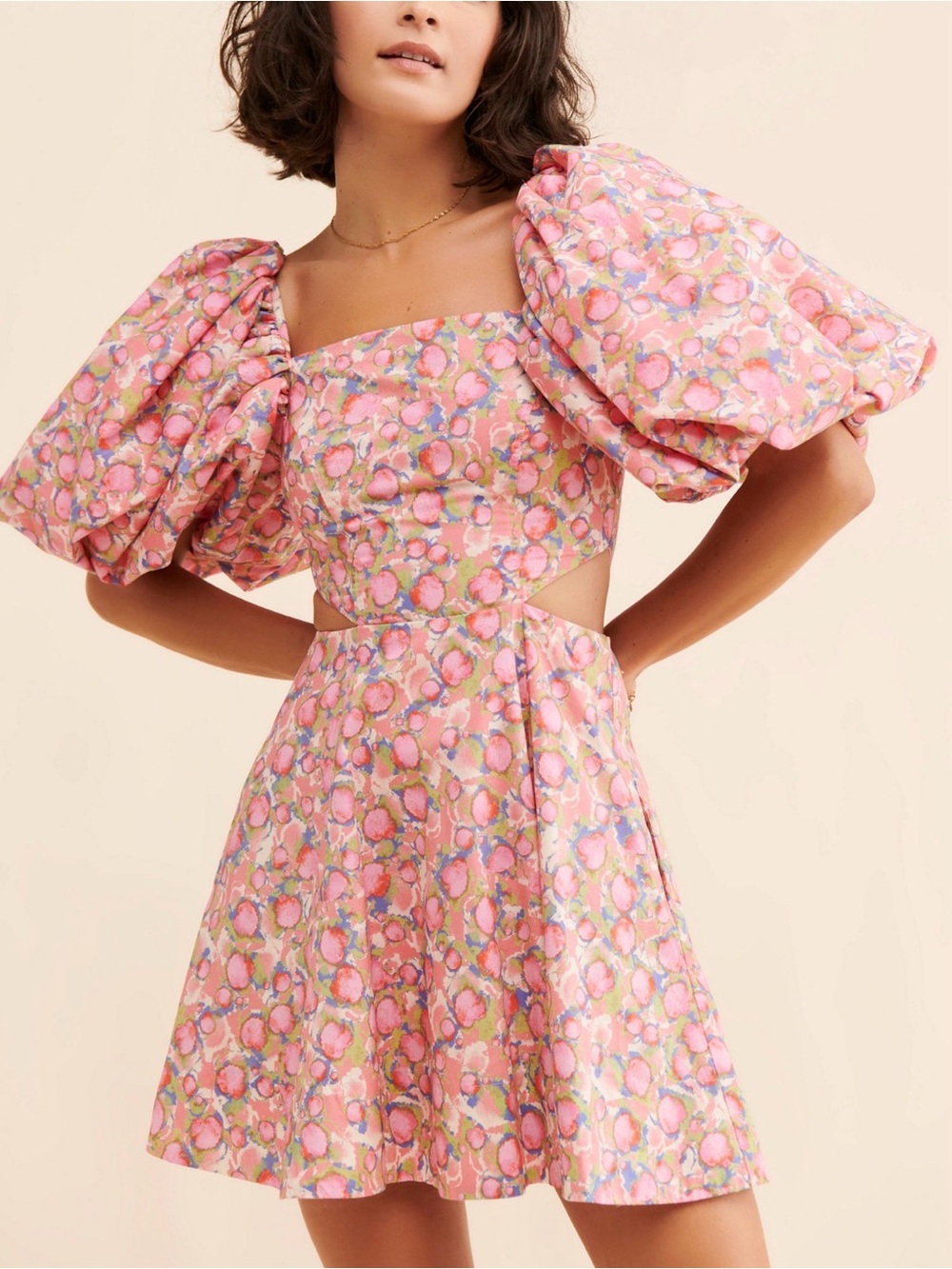 Aureta Pink Floral Puff-Sleeve Cutout Mini Dress with pockets, Medium **FLAW**